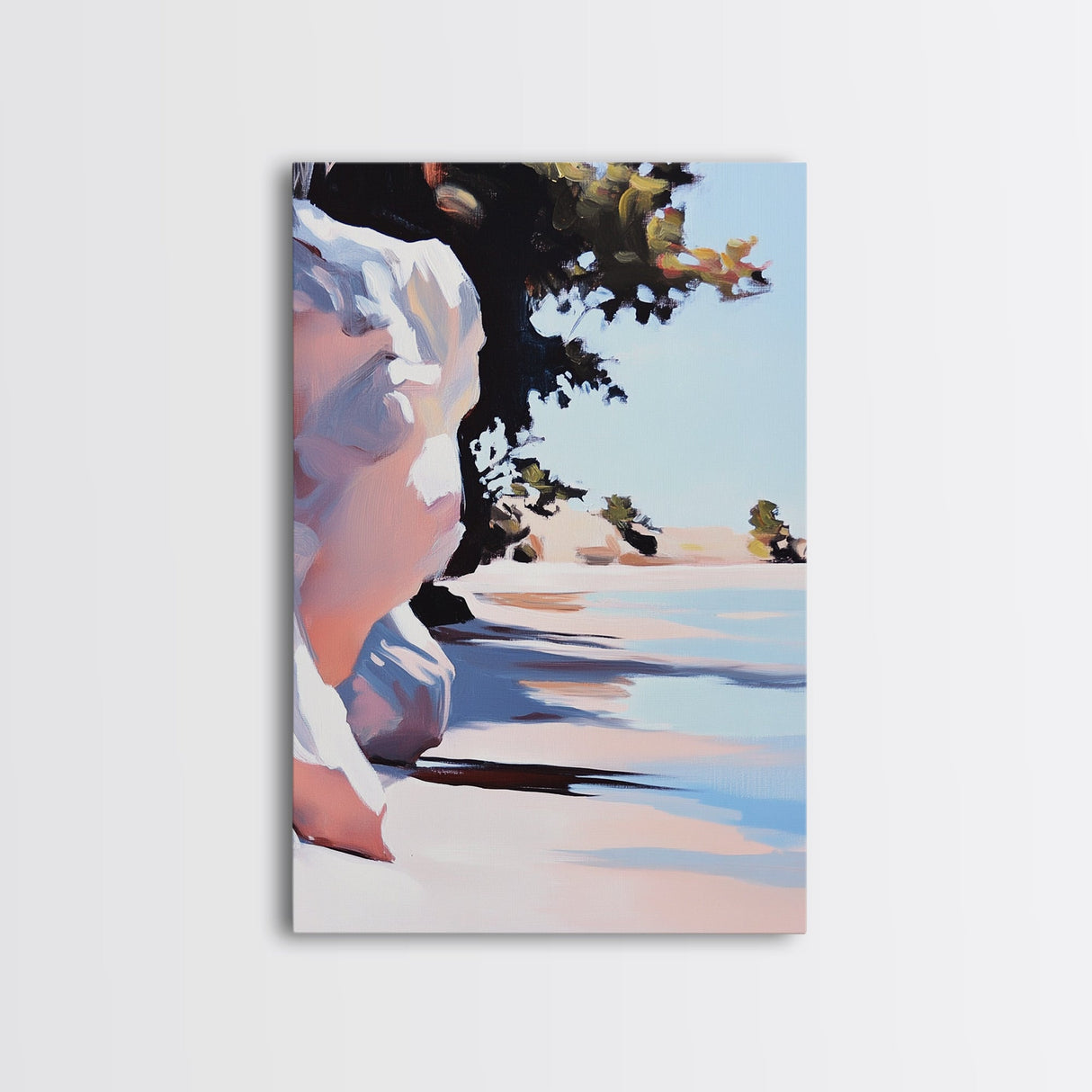 Shoreline, Sunset, Shadows, Warm, Framed Canvas Print, Seascape Wall Art, Boho Beach Decor, Ocean Sunset Artwork, Coastal Home Aesthetic