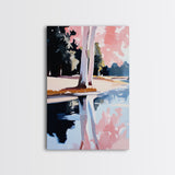 Water, Trees, Pink, Reflection, Framed Canvas Print, Dreamy Nature Artwork, Modern Home Decor, Bedroom Wall Art, Relaxing Lake Scene