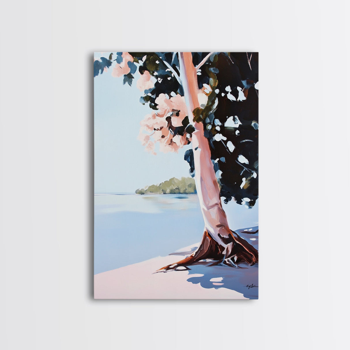 Tree by Water, Serene Nature Landscape, Tranquil Beach Scene, Framed Canvas Print, Zen Meditation Art, Minimalist Wall Decor