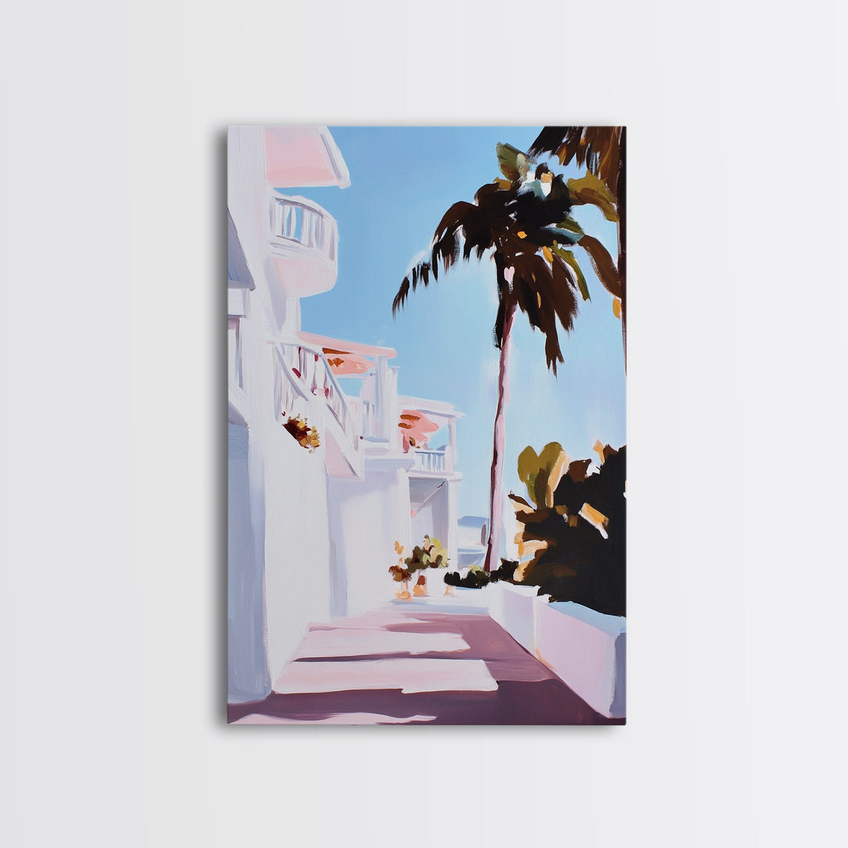 Tropical Balcony View, Palm Tree Painting, Coastal Boho Art, Framed Canvas Print, Mediterranean Aesthetic, Living Room Wall Art, Beach House Decor