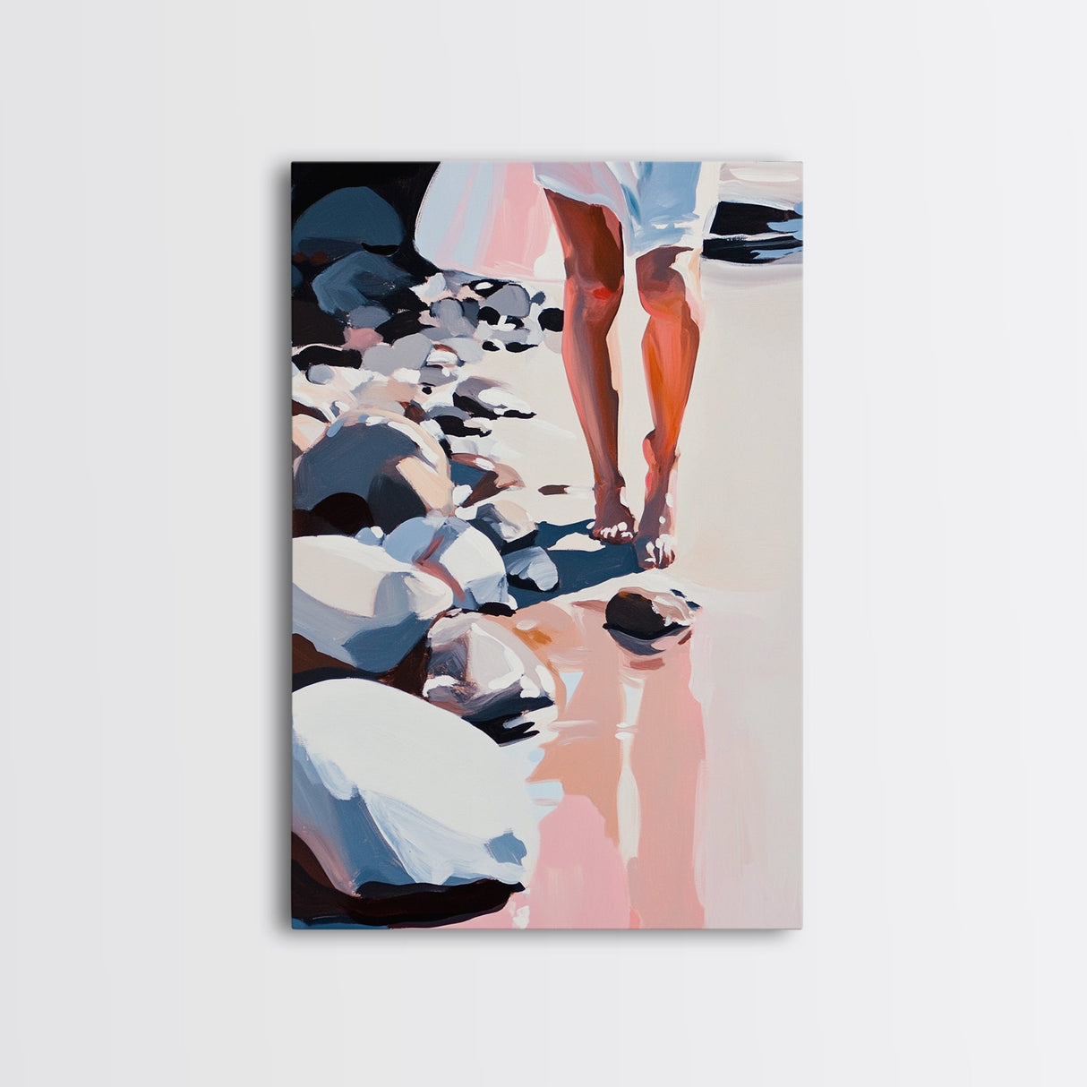 Walking on Rocks, Coastal Reflection, Beach Serenity, Soft Pastel Art, Framed Canvas Print, Nature Home Decor, Modern Wall Art