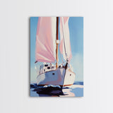 Sailboat, Nautical Decor, Ocean Theme, Maritime Art, Coastal Wall Art, Blue and Pink, Travel Inspired, Framed Canvas Print, Living Room