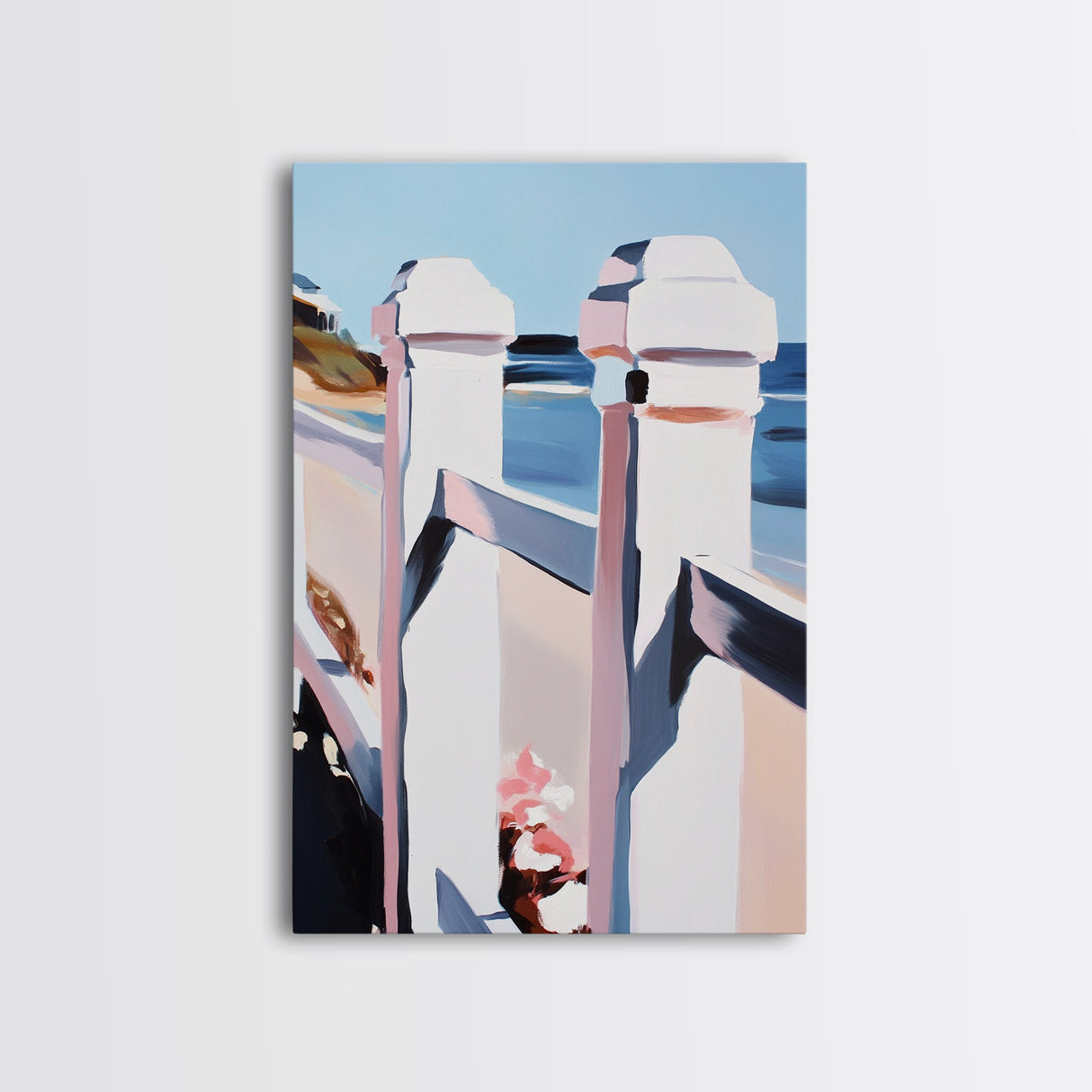 Coastal Railing, Seaside Escape, Nautical Aesthetic, Framed Canvas Print, Beach House Wall Art, Ocean View Decor, Minimalist Blue Art