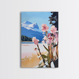 Mountain Flowers, Nature Landscape, Romantic Aesthetic, Rustic Cabin, Framed Canvas Print, Cozy Home Decor, Living Room Wall Art