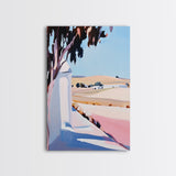Sunlit Fields, Rural Landscape, Mediterranean Art, Warm Pastel Colors, Farmhouse Aesthetic, Framed Canvas Print, Kitchen Wall Art