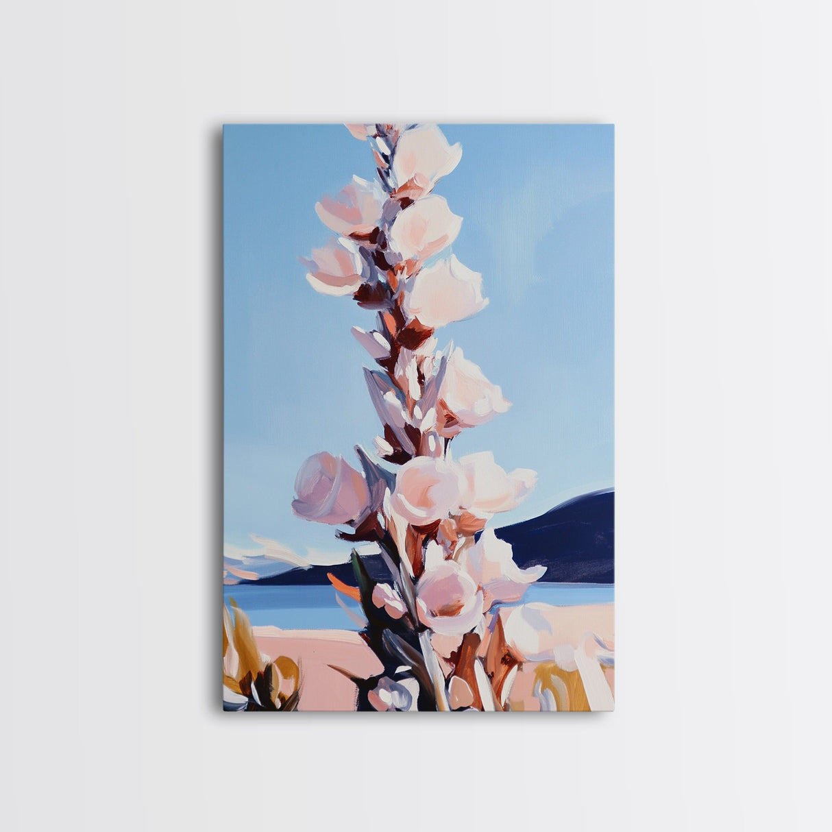 Wildflower Bloom, Pastel Floral Art, Nature Inspired, Tranquil Landscape, Soft Blue and Pink Hues, Framed Canvas Print, Entryway