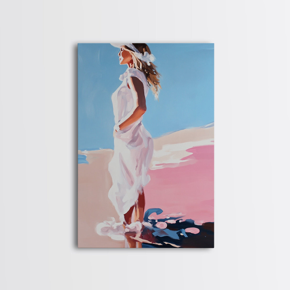 Woman in White, Summer Art, Elegant Coastal Decor, Framed Canvas Print, Beach Painting, Modern Boho Wall Art, Bedroom Wall Art