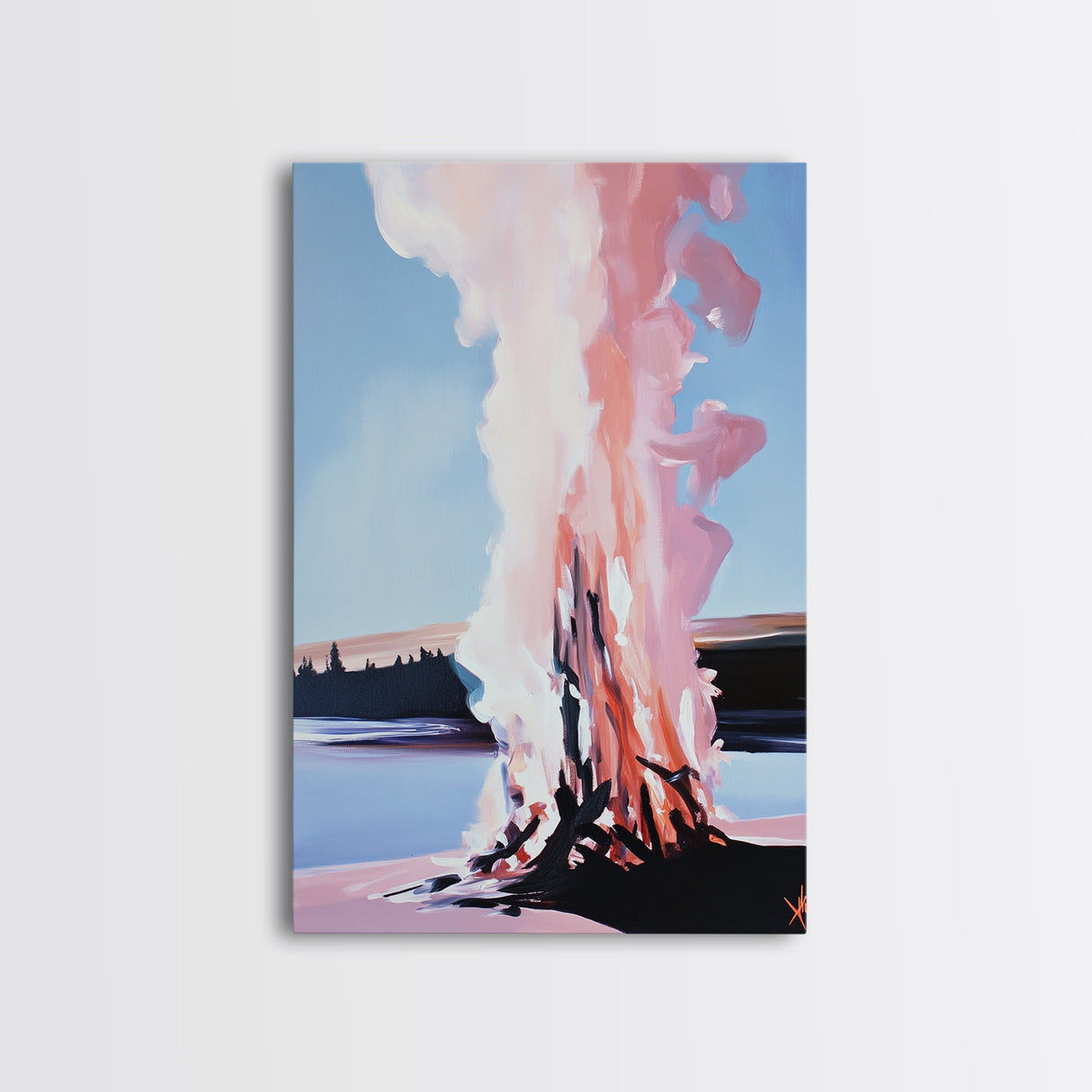 Smoky Bonfire, Abstract Fall Art, Cozy Landscape Painting, Framed Canvas Print, Cabin Wall Art, Autumn Home Decor, Living Room Artwork