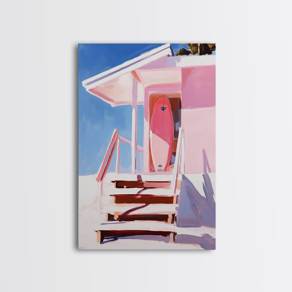 Surf Shack, Tropical Beach House Art, Framed Canvas Print, Pink Coastal Decor, Summer Vibes Wall Art, Relaxing Ocean Painting, Boho Chic