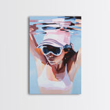 Woman swimming, Coastal Serenity Art, Framed Canvas Print, Modern Beach House Decor, Soft Pastel Seascape, Minimalist Landscape Painting