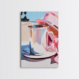 Silver Cup and Hat, Elegant Still Life, Minimalist Kitchen Decor, Soft Pastel, Modern Aesthetic, Canvas Print, Framed Canvas Print