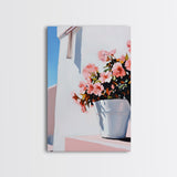 Mediterranean, Flower Pot, Canvas Print, Modern Minimalist Painting, Bright Floral Wall Decor, White and Pink Art, Kitchen Wall Art