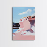 Pink Cliffs, Coastal Beauty, Ocean Landscape, Soft Pastel Art, Nature Inspired, Tranquil Scenery, Boho Wall Art, Framed Canvas Print