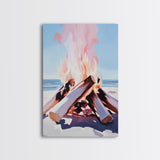 Beach Bonfire, Cozy Fire, Coastal Scene, Canvas Print, Warm Tones, Nautical Decor, Living Room Wall Art, Relaxing Nature Aesthetic