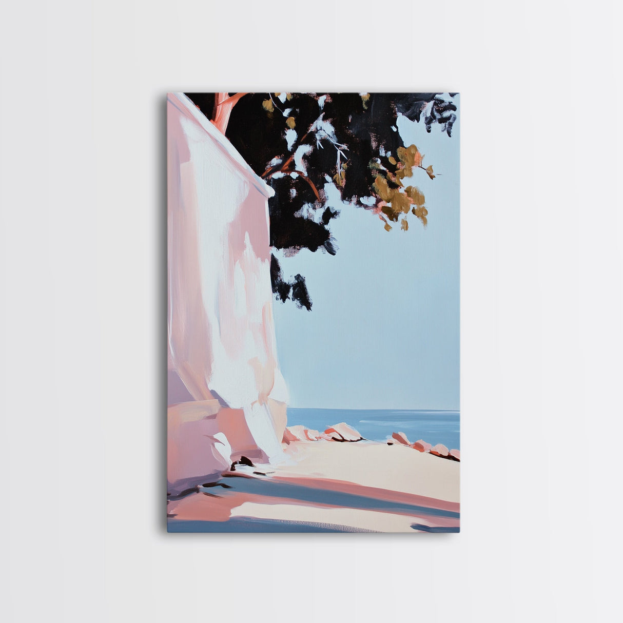 Seaside Shade, Coastal Rock Art, Oceanfront Painting, Framed Canvas Print, Minimalist Beach Decor, Tranquil Landscape Wall Art