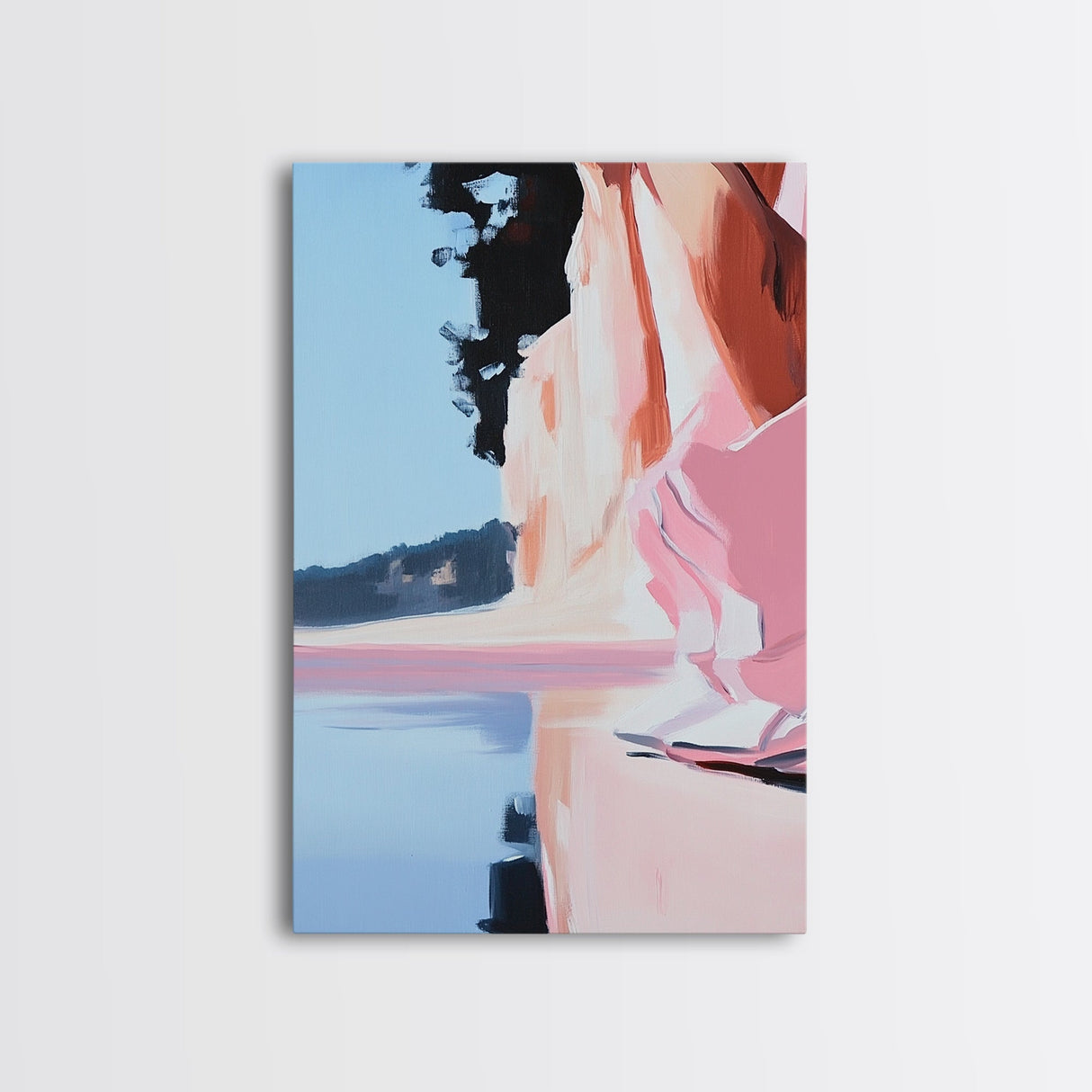 Lakeside Reflection, Calm Water Art, Serene Landscape, Pink and Blue Painting, Boho Minimalist Decor, Framed Canvas Print, Gift Idea