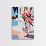 Poolside Flowers, Elegant Floral Painting, Sunlit Summer Decor, Mediterranean Art Style, Framed Canvas Print, Dining Room Wall Art
