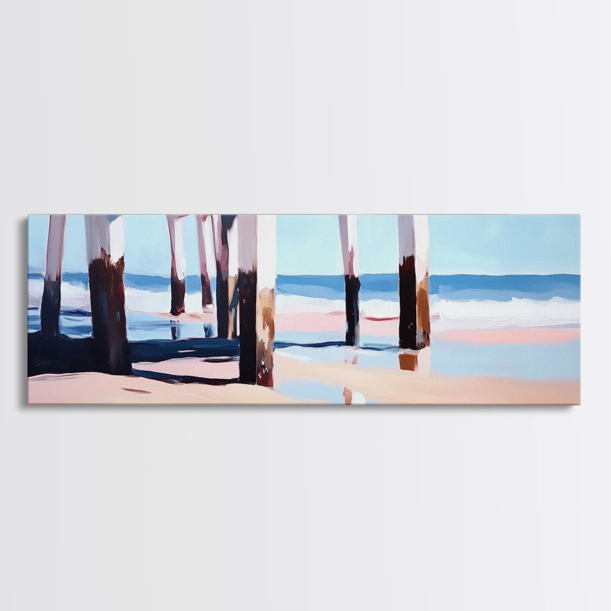Beach Pier, Ocean Waves, Coastal View, Framed Canvas Print, Nautical Wall Art, Seaside Decor, Minimalist Beach House Art, Blue
