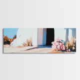 White House, Black Doorway, Blooming Flowers, Framed Canvas Print, Mediterranean Wall Art, Minimalist Architecture, Neutral Decor