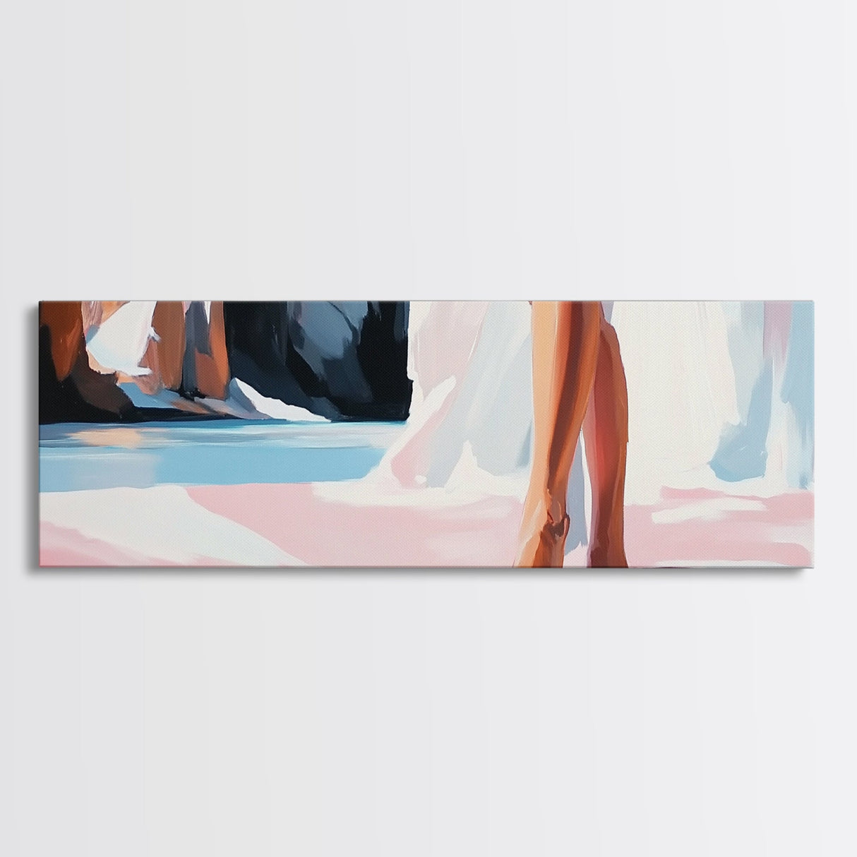 Barefoot Woman, Flowing Pink Dress, Water Reflection, Canvas Print, Feminine Wall Art, Elegant Bedroom Decor, Soft Pastel Aesthetic