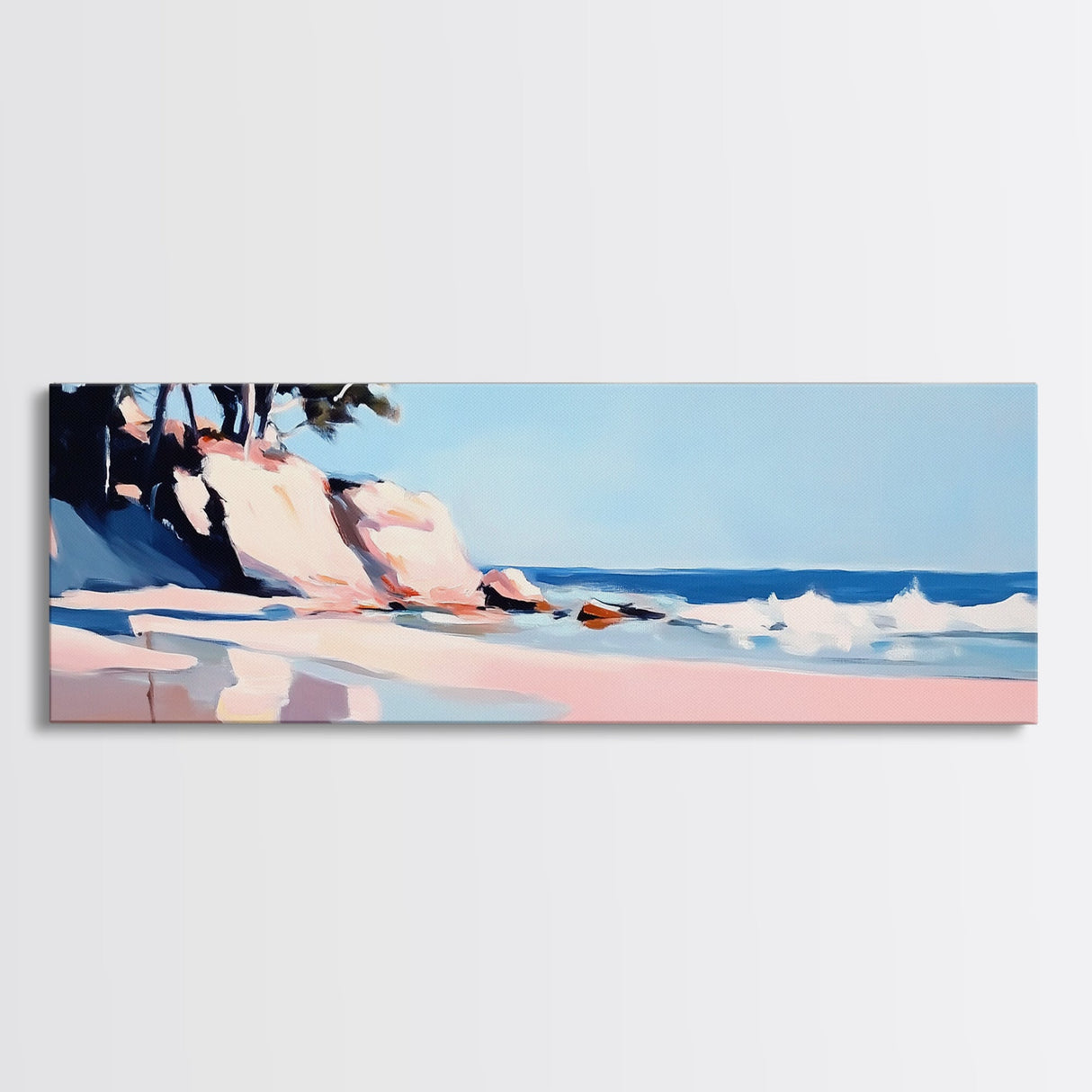 Cliffs, Waves, Pink Sand, Framed Canvas Print, Seascape Wall Art, Coastal Home Decor, Ocean Scene, Pastel Aesthetic, Relaxing Landscape