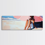 Woman Under Umbrella, Beach Relaxation, Summer Scene, Framed Canvas Print, Minimalist Boho Art, Seaside Wall Decor, Nautical Artwork