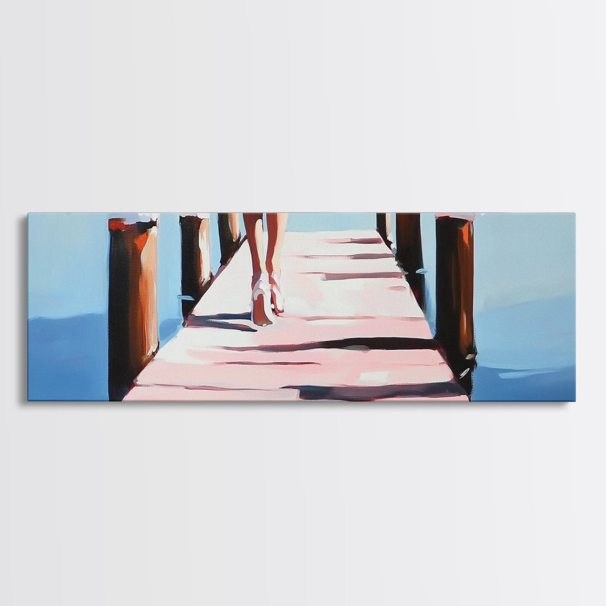 Walking on Dock, Waterfront Scene, Coastal Style, Framed Canvas Print, Minimalist Wall Art, Nautical Decor, Light and Airy Art
