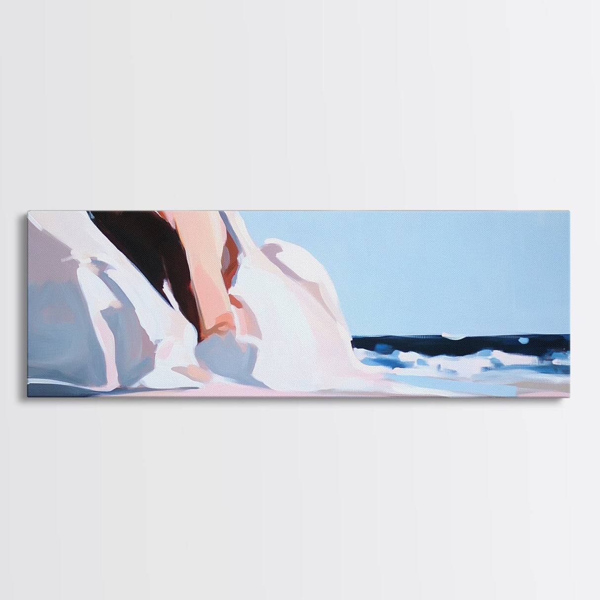 Seaside Woman, Beach Elegance, Minimalist Fashion, Framed Canvas Print, Coastal Wall Art, Soft Pastel Decor, Summer Aesthetic
