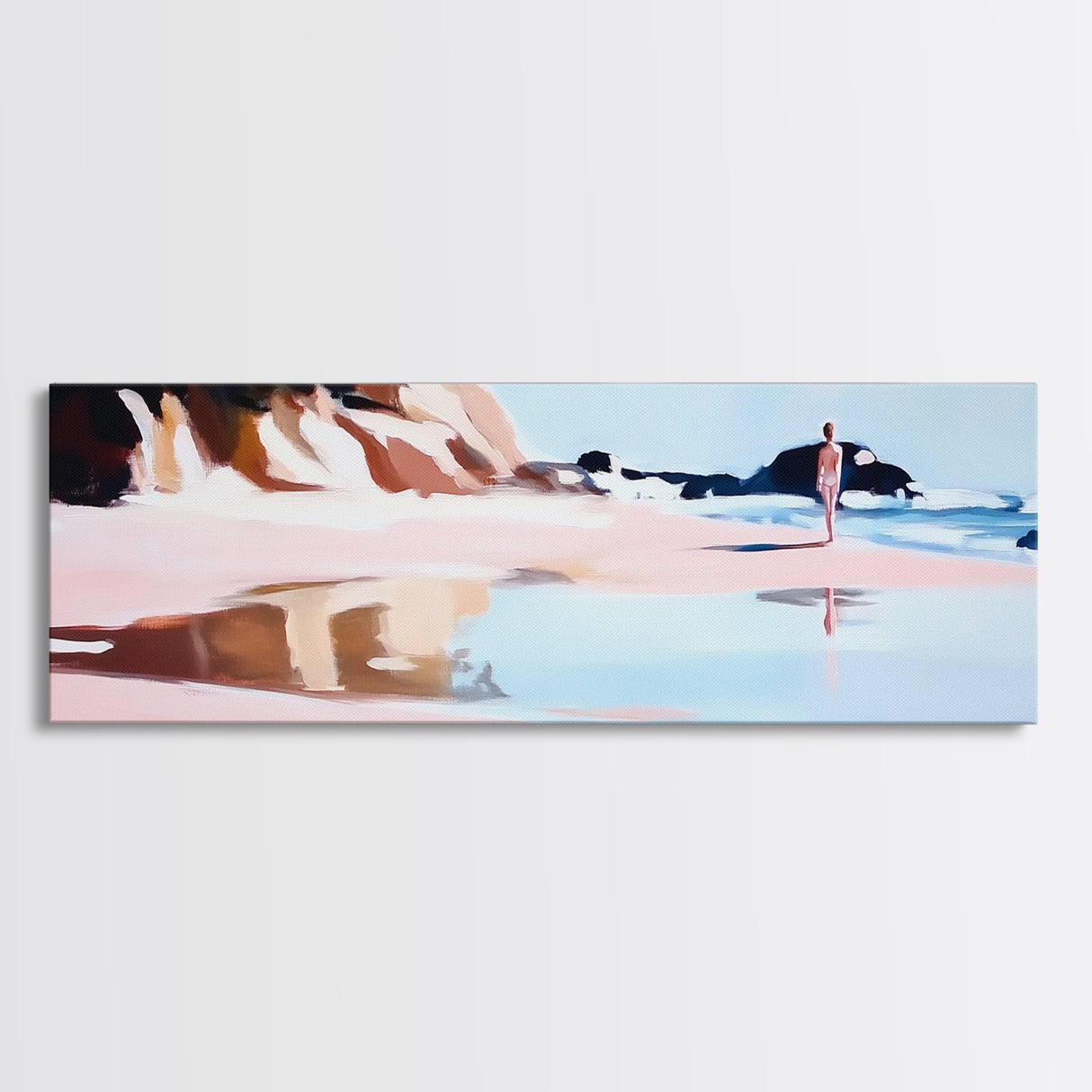 Serene Beach Walk, Peaceful Ocean Art, Coastal Wall Decor, Minimalist Framed Canvas Print, Pastel Seascape, Relaxing Bedroom Artwork