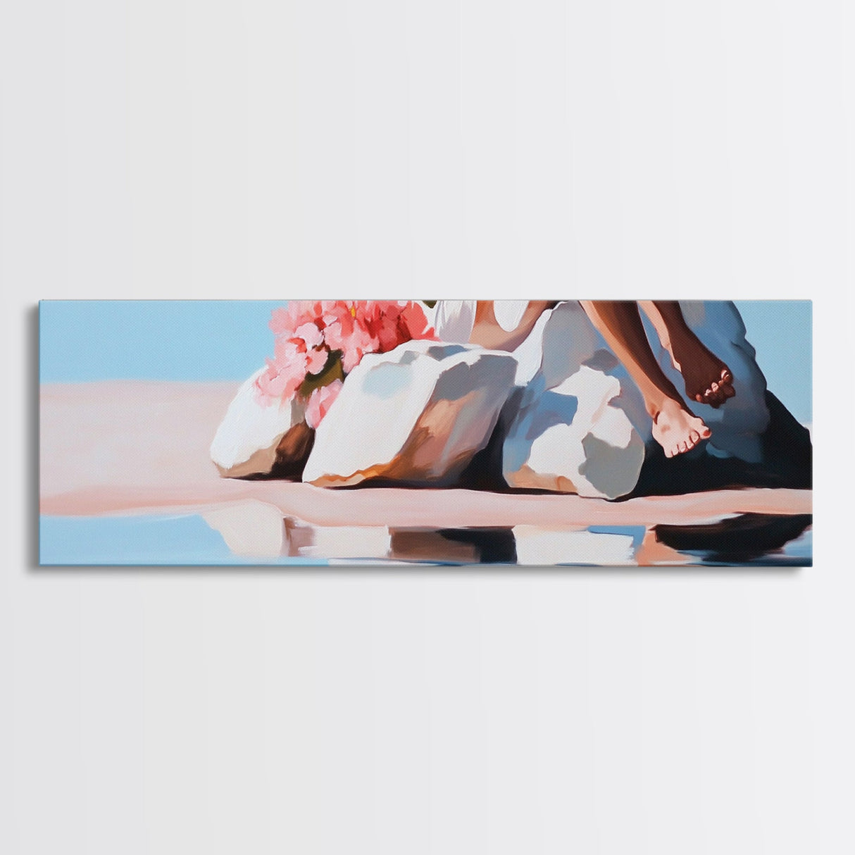 Beach Blossom Scene, Floral Coastal Art, Pastel Summer Vibes, Nature Wall Decor, Soft Aesthetic, Canvas Print, Bedroom Wall Art