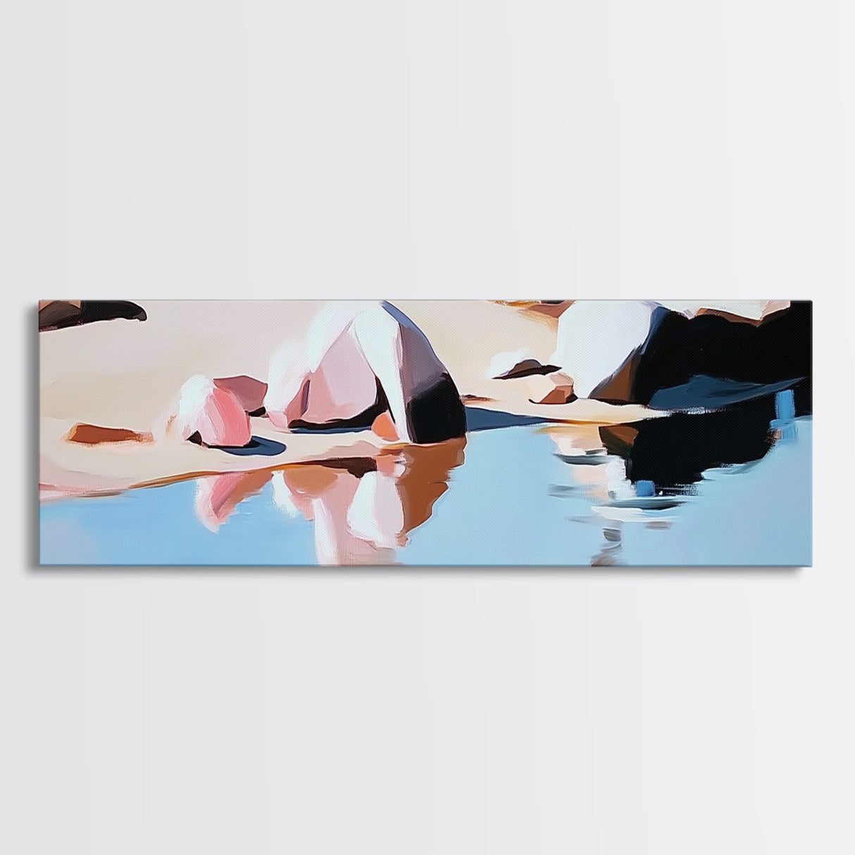Coastal Rocks, Beach Reflection, Seascape Painting, Pastel Shoreline Art, Minimalist Nautical Decor, Living Room Art, Framed Canvas Print