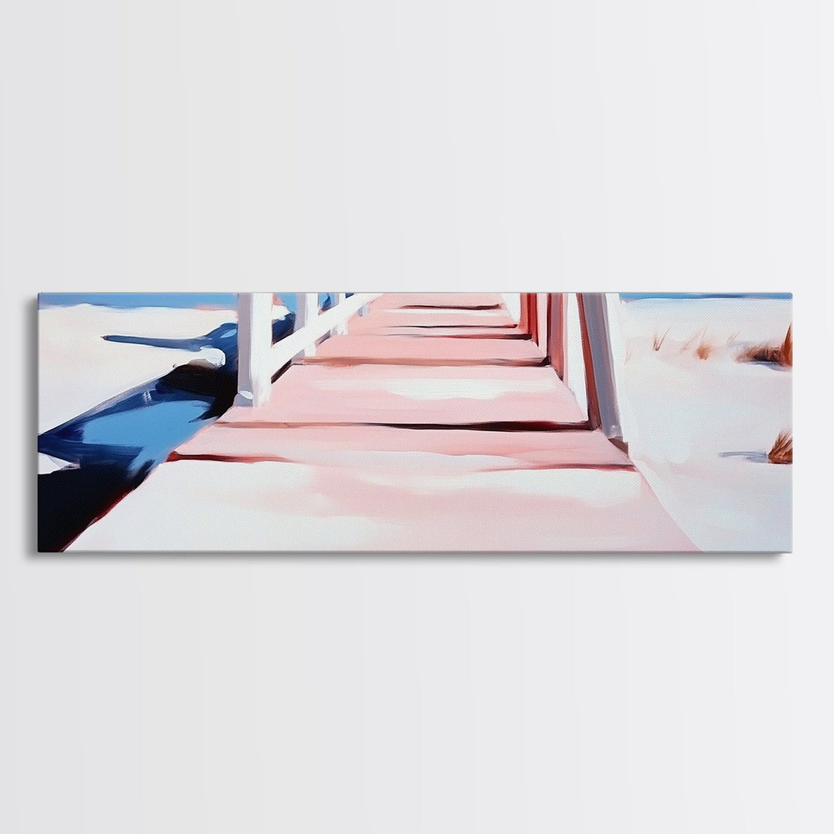 Pink Pier, Beach Walkway, Ocean View, Framed Canvas Print, Coastal Wall Art, Nautical Home Decor, Minimalist Seascape Painting