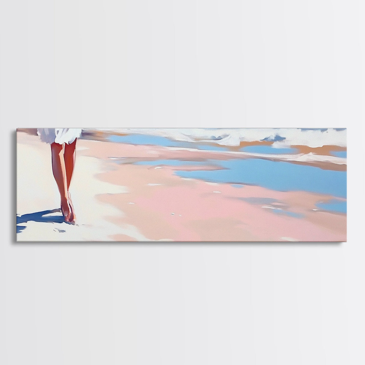 Walking on Beach, Coastal Art, Ocean Painting, Minimalist Seascape, Pastel Sand Decor, Nautical Wall Print, Living Room Art, Canvas Print