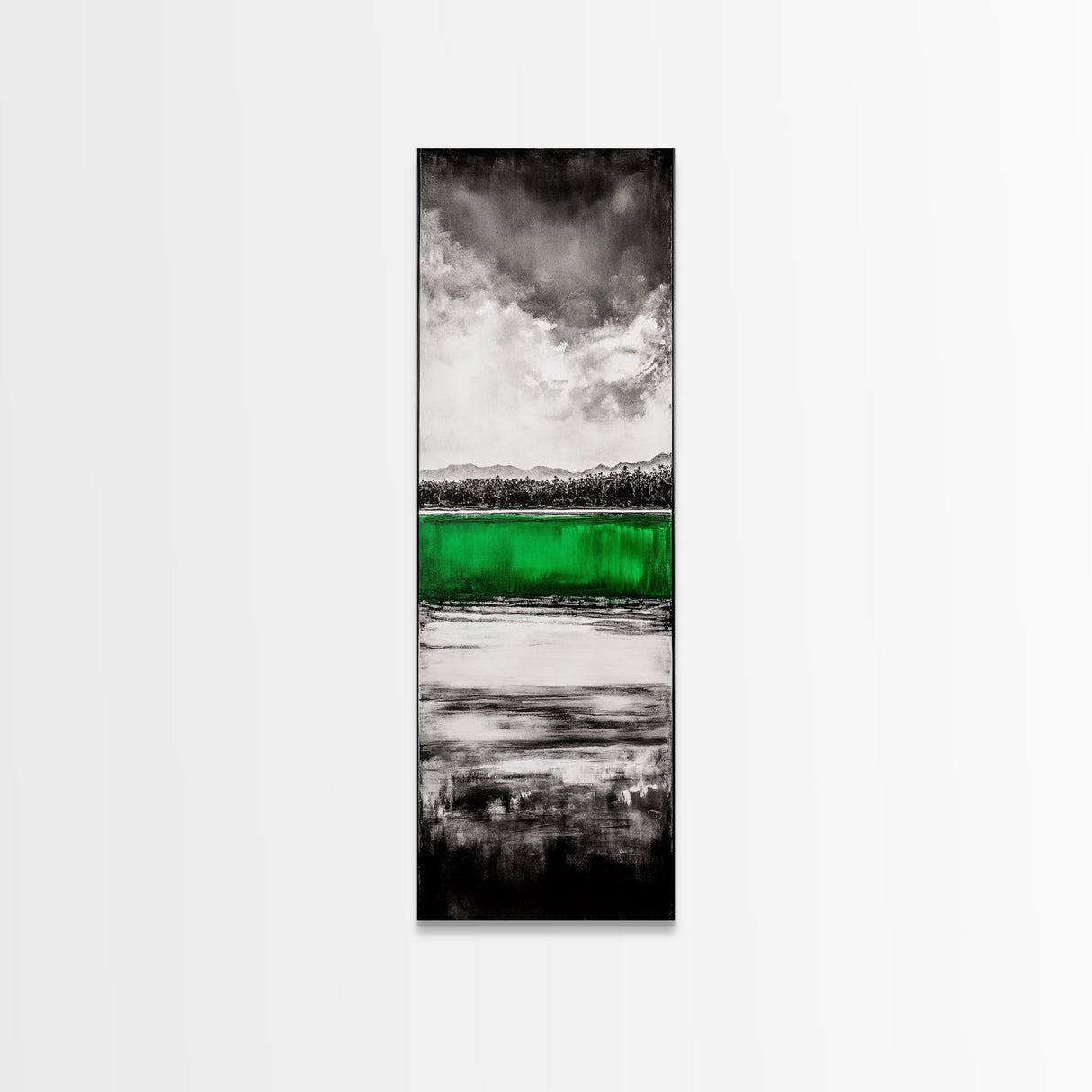 Green Lake, Moody Sky, Reflection, Framed Canvas Print, Minimalist Landscape, Monochrome Art, Office Decor, Nature Inspired Wall Art