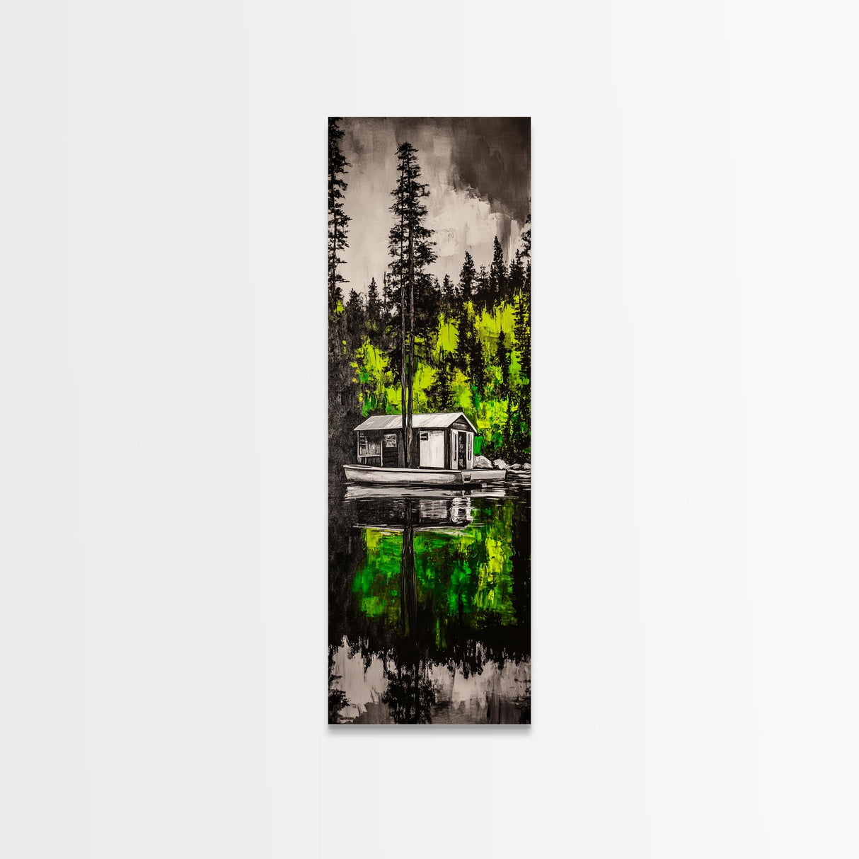 Forest Reflection, Cabin On Water, Tranquil Nature Scene, Woodsy Home Decor, Green Wall Art, Peaceful Landscape, Framed Canvas Print