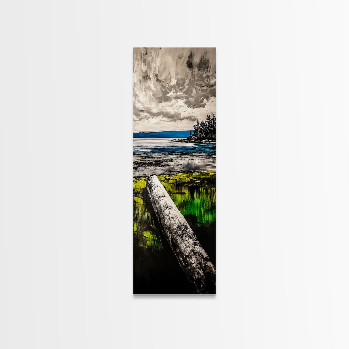 Driftwood Coast, Coastal Landscape, Beach Art, Ocean Decor, Natural Serenity, Rustic Style, Blue And Green Art, Framed Canvas Print
