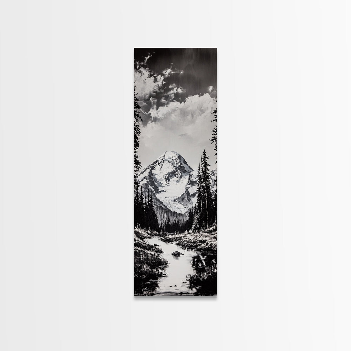 Snowy Peak, Mountain Reflection, Black White Nature, Adventure Landscape, Cabin Decor, Hiking Art, Framed Canvas Print
