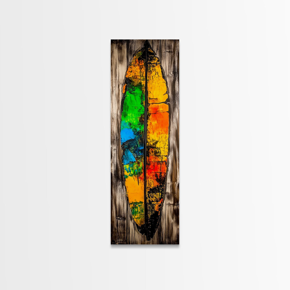 Rustic Surfboard, Abstract Art, Beach House Decor, Framed Canvas Print, Boho Wall Art, Coastal Living Room Artwork, Vibrant Painting
