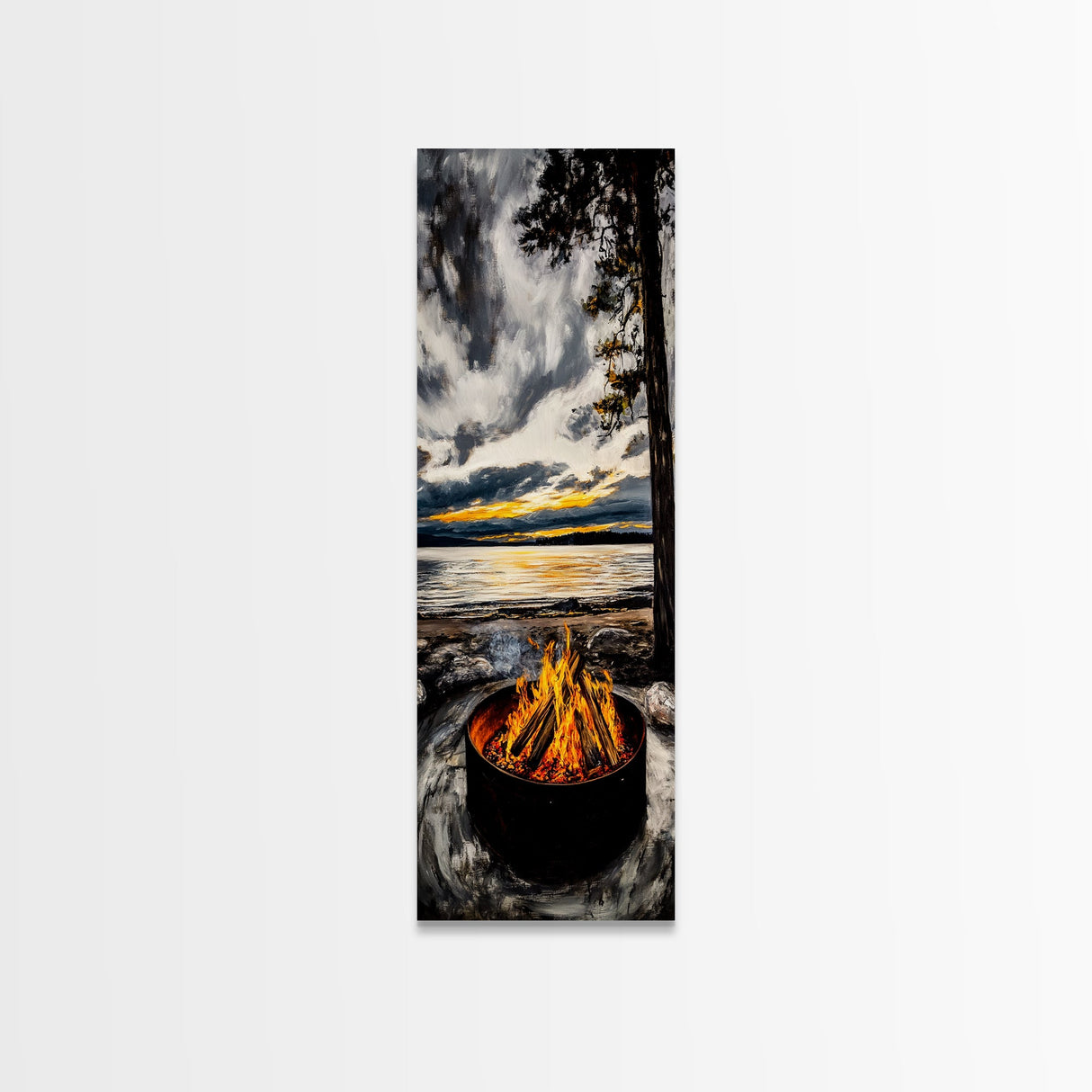 Sunset Fire Pit, Cozy Camping Decor, Lakeside Bonfire, Outdoor Wall Art, Framed Canvas Print, Rustic Lodge Art, Warm Tones, Cabin Decor