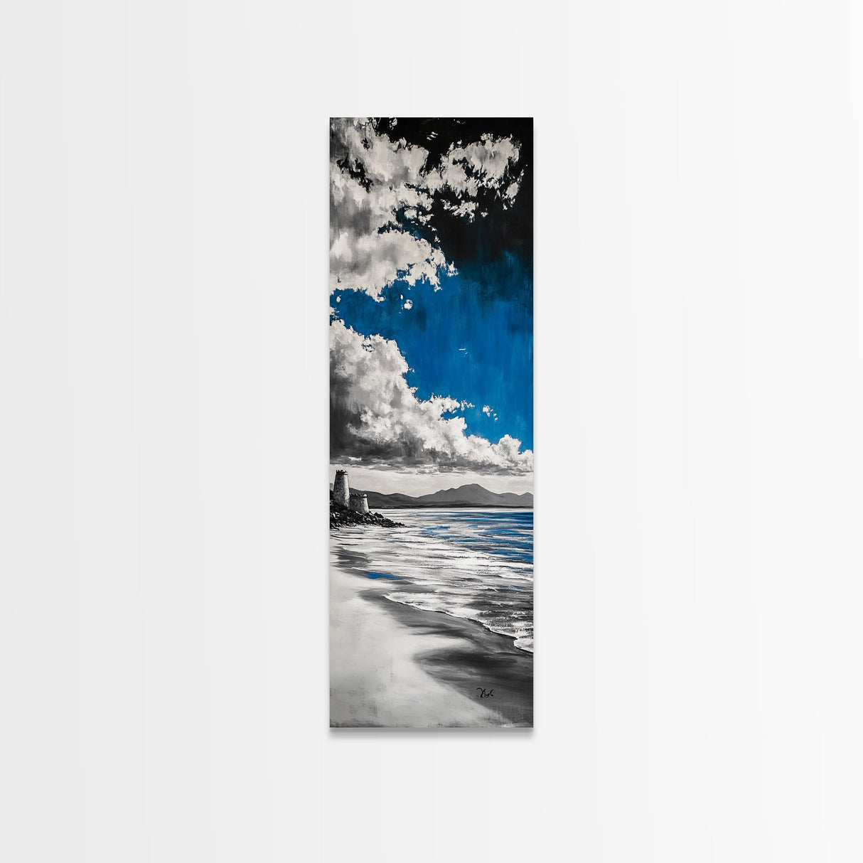 Castle Beach, Coastal Landscape, Blue Sky Painting, Framed Canvas Print, Nautical Decor, Living Room Art, Ocean Lover Gift