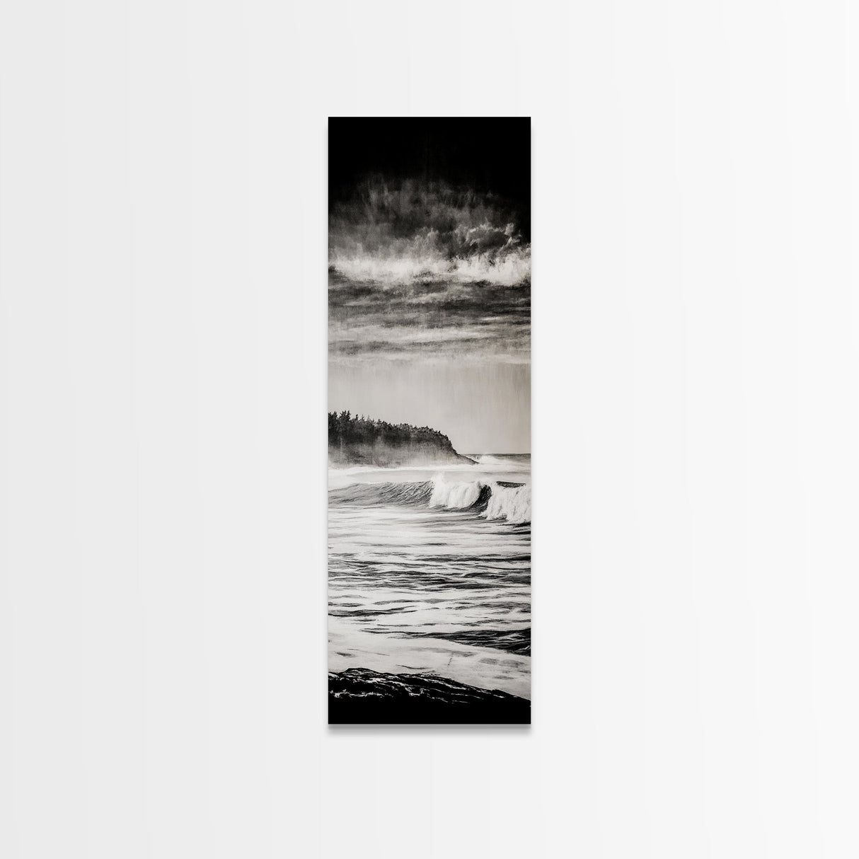 Stormy Waves, Ocean Landscape, Black and White, Framed Canvas Print, Coastal Wall Art, Modern Office Decor, Minimalist Seascape Painting