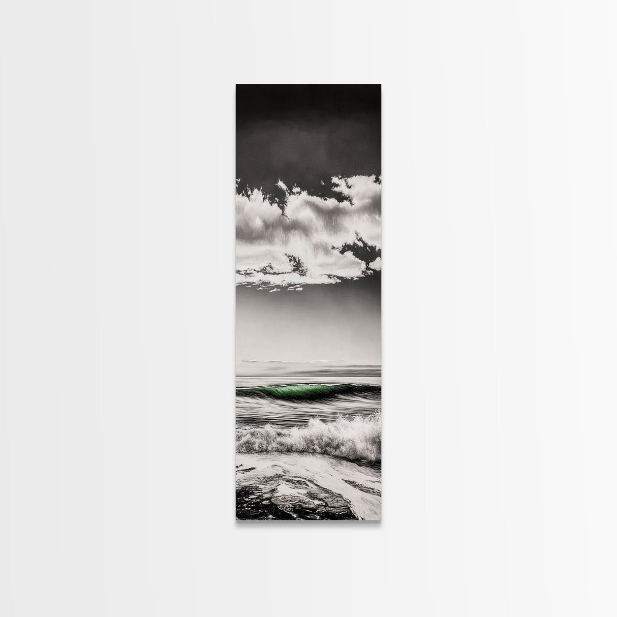 Coastal Waves, Black and White, Green Wave, Framed Canvas Print, Modern Beach Wall Art, Minimalist Ocean Decor, Living Room Art
