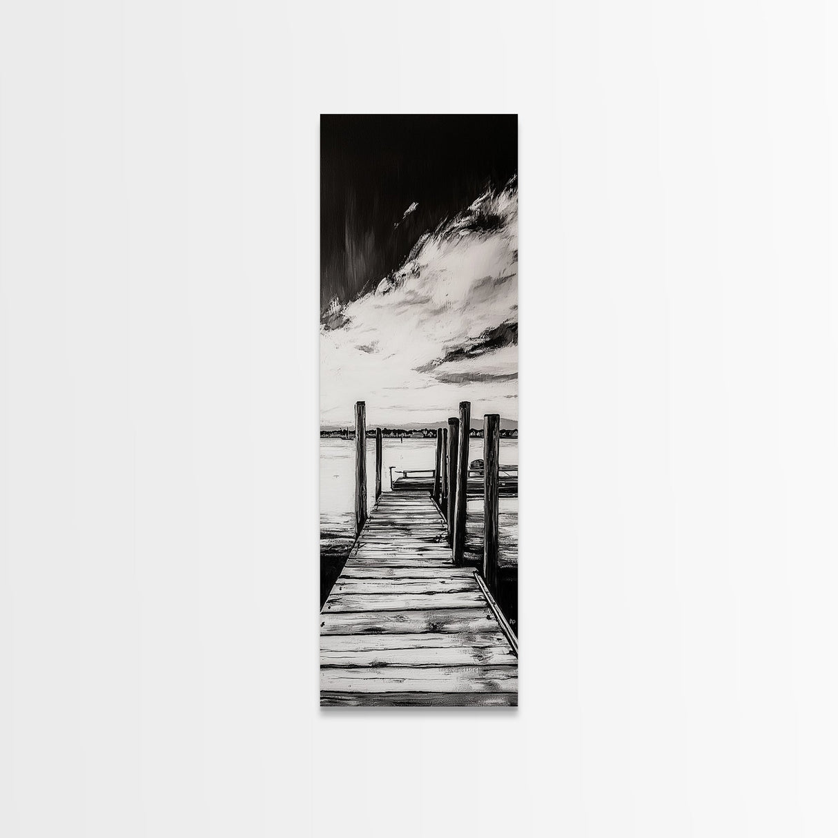 Wooden Dock, Black and White Lake Art, Rustic Cabin Wall Decor, Peaceful Waterfront Scene, Minimalist Landscape, Canvas Print