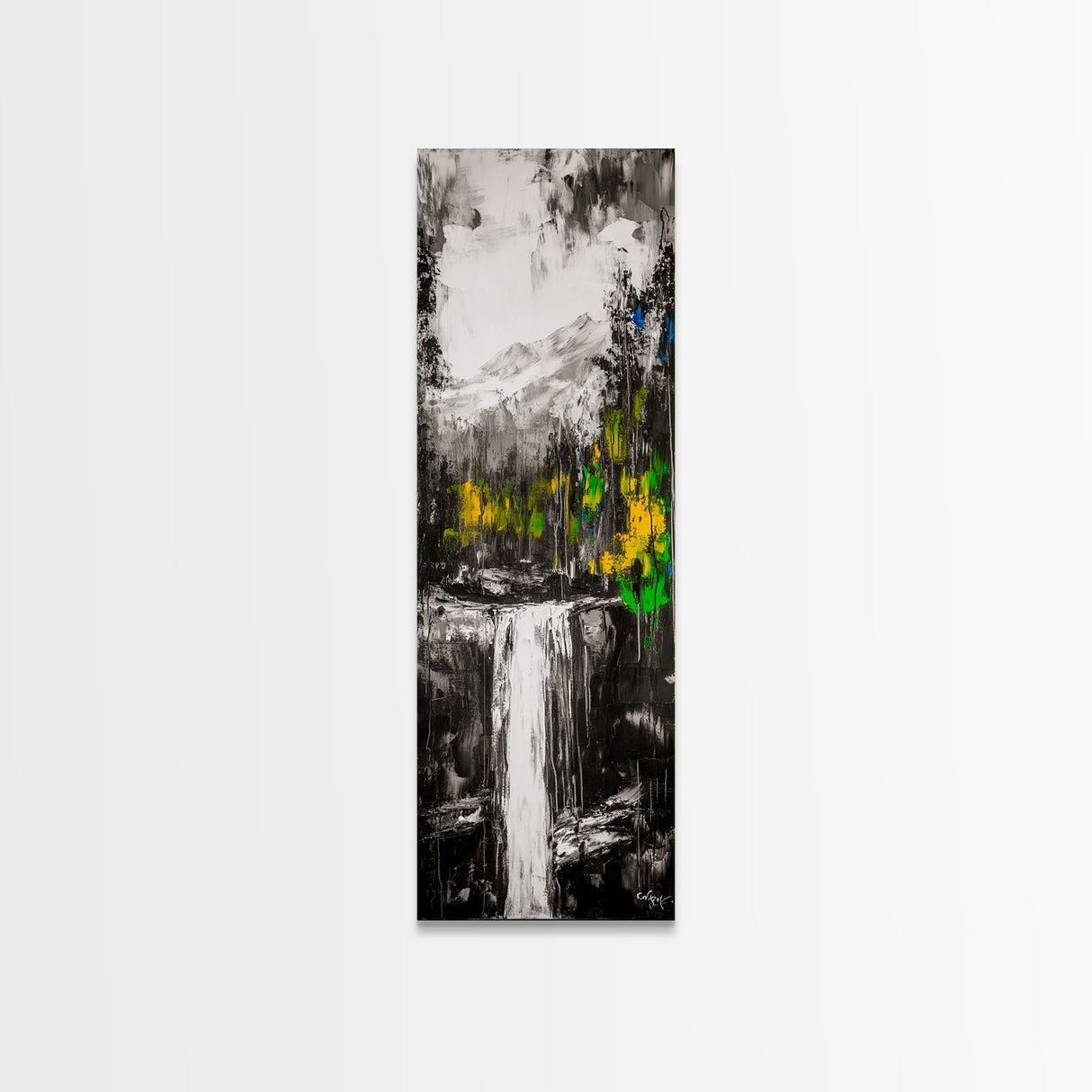 Waterfall Scene, Mountain Landscape, Abstract Nature Art, Canvas Print, Wilderness Wall Art, Green Yellow Decor, Adventure Home Decor