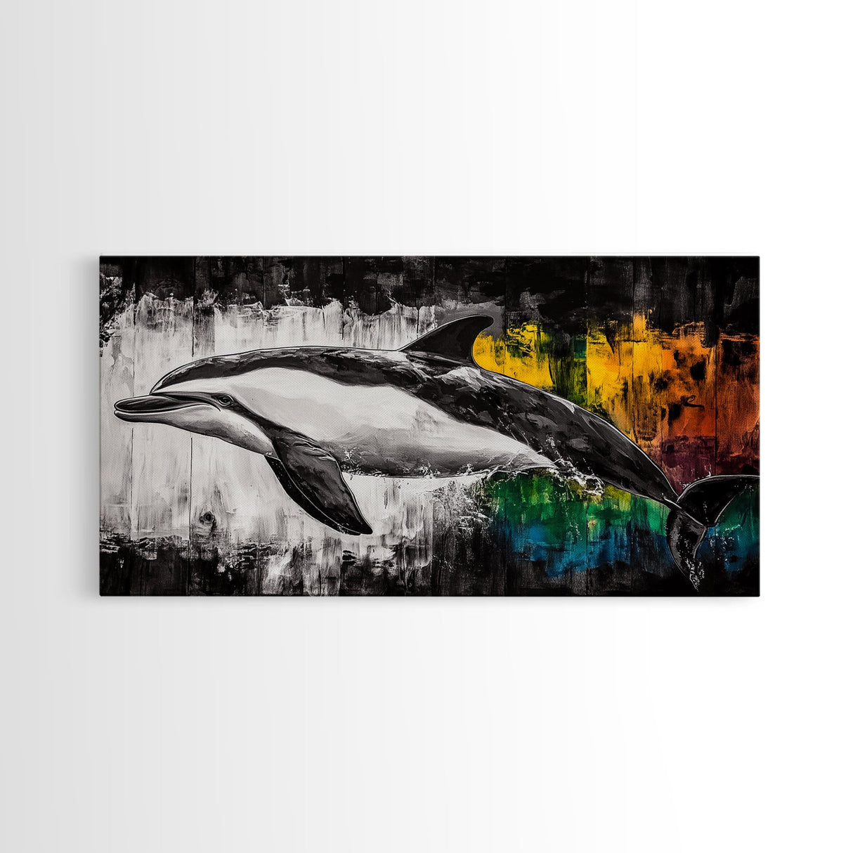 Dolphin Painting, Ocean Wildlife, Vibrant Colors, Coastal Wall Art, Black and White Animal Art, Framed Canvas Print, Beach House Decor