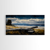 Seaside View, Dramatic Sky, Coastal Landscape, Nature Painting, Deep Blue Tones, Framed Canvas Print, Beach House Decor, Living Room Art