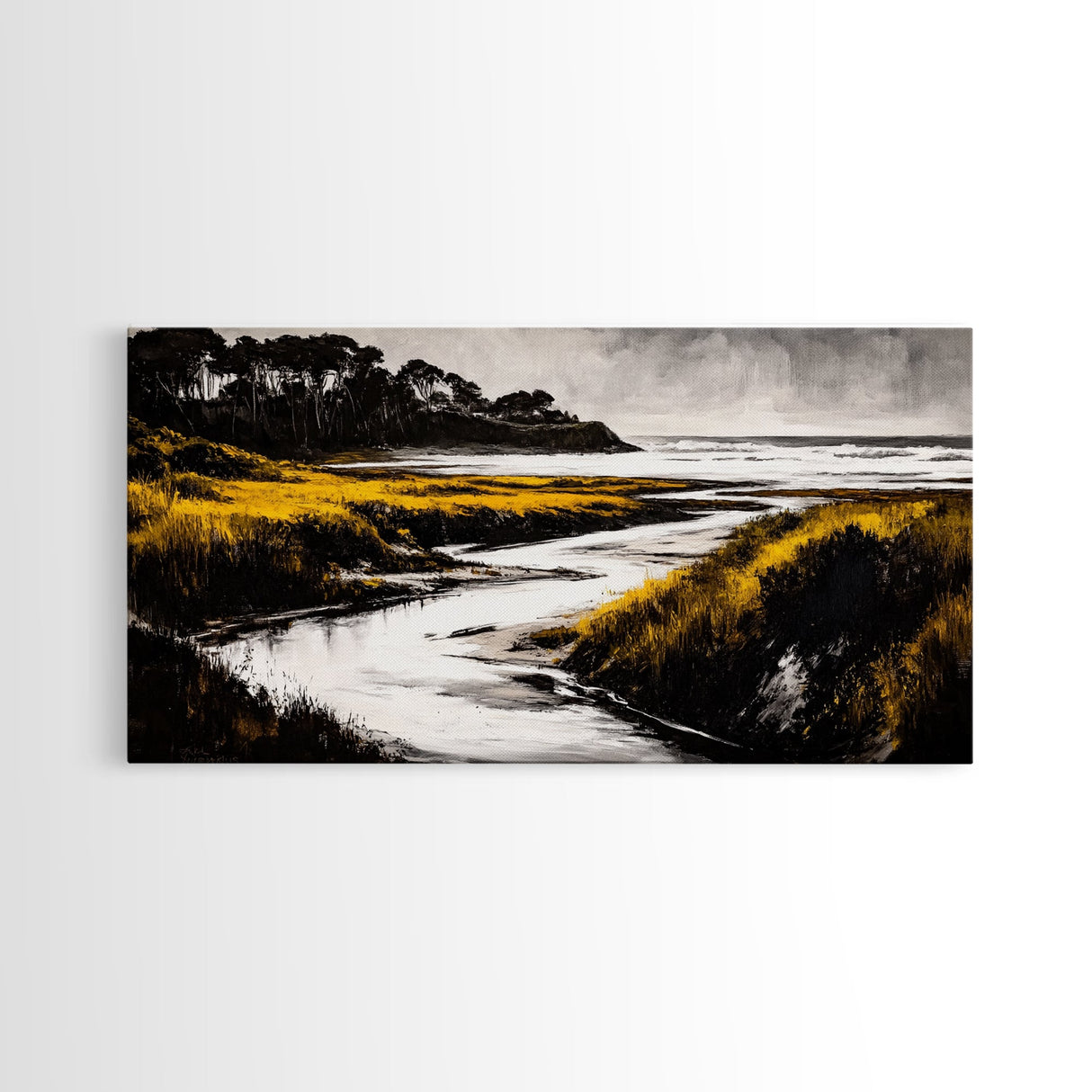 Golden Marsh, Ocean Landscape, Black and White Contrast, Nature Inspired, Minimalist Art, Framed Canvas Print, Bedroom Wall Decor