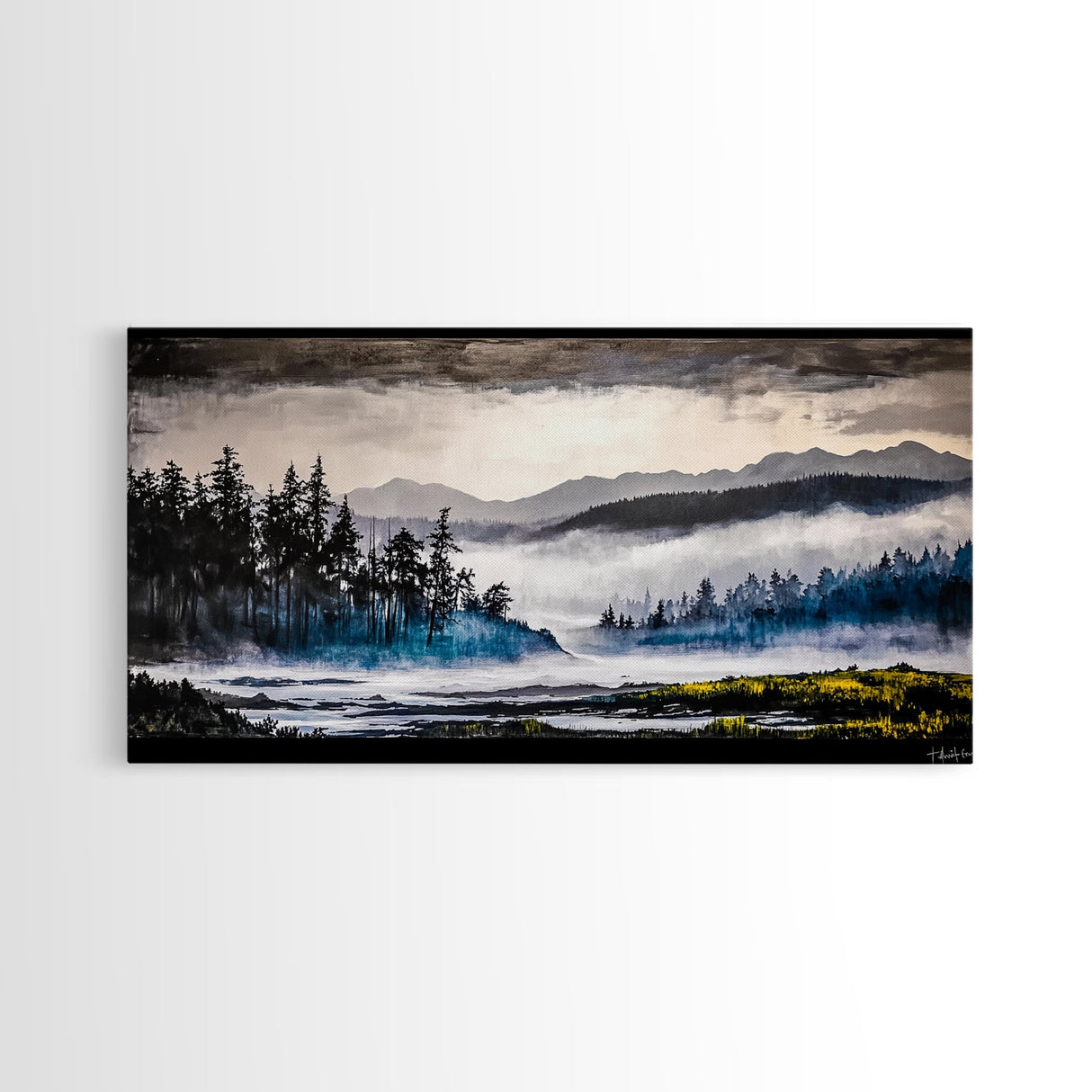 Misty Forest, Foggy Mountains, Tranquil Nature, Framed Canvas Print, Nordic Wall Art, Living Room Decor, Large Landscape, Moody Home Art