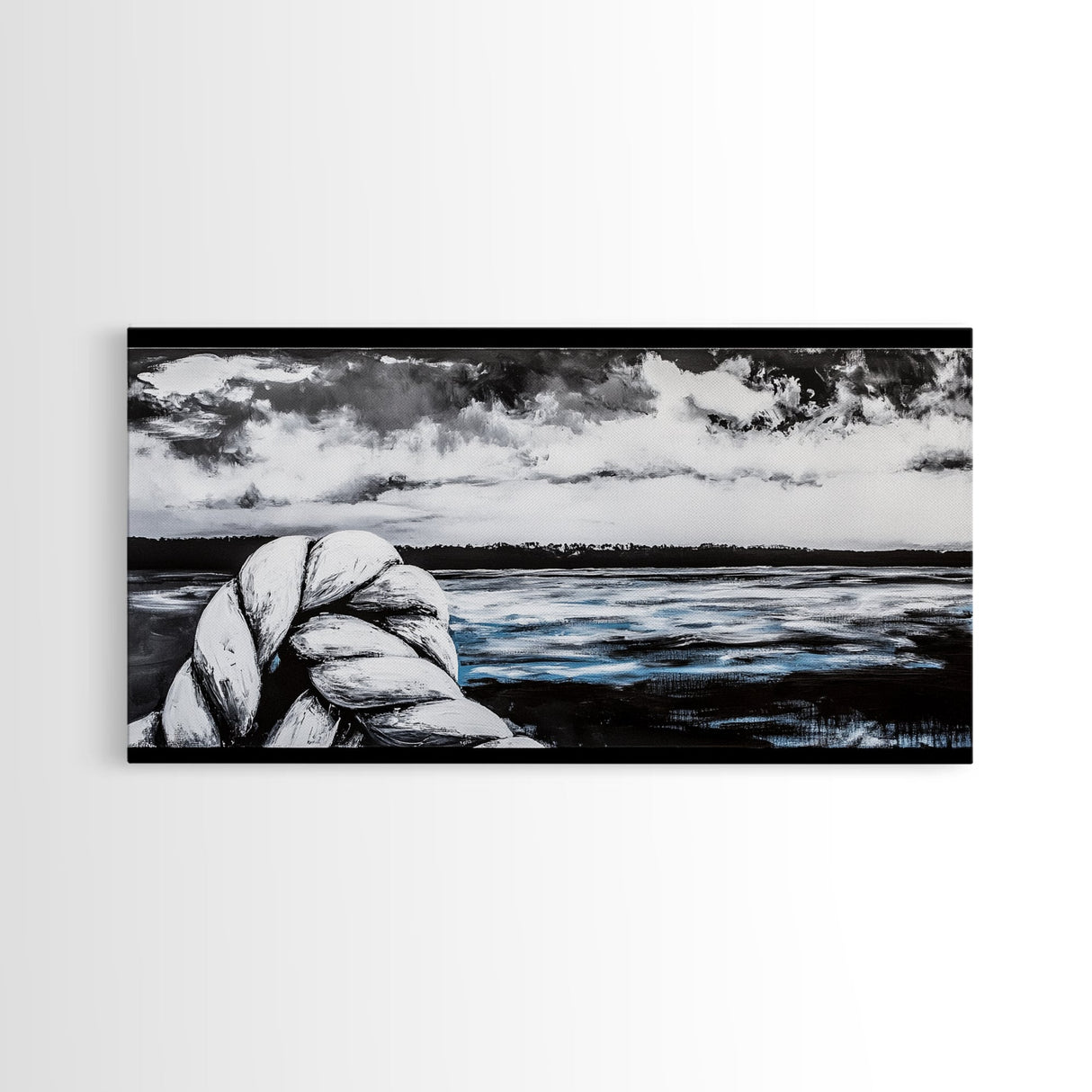 Nautical Art, Coastal Rope, Black and White, Framed Canvas Print, Beach House Decor, Minimalist Wall Art, Modern Ocean Painting