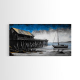 Pier and Boat, Seaside Wall Art, Coastal Landscape, Framed Canvas Print, Nautical Home Decor, Large Artwork, Ocean Painting